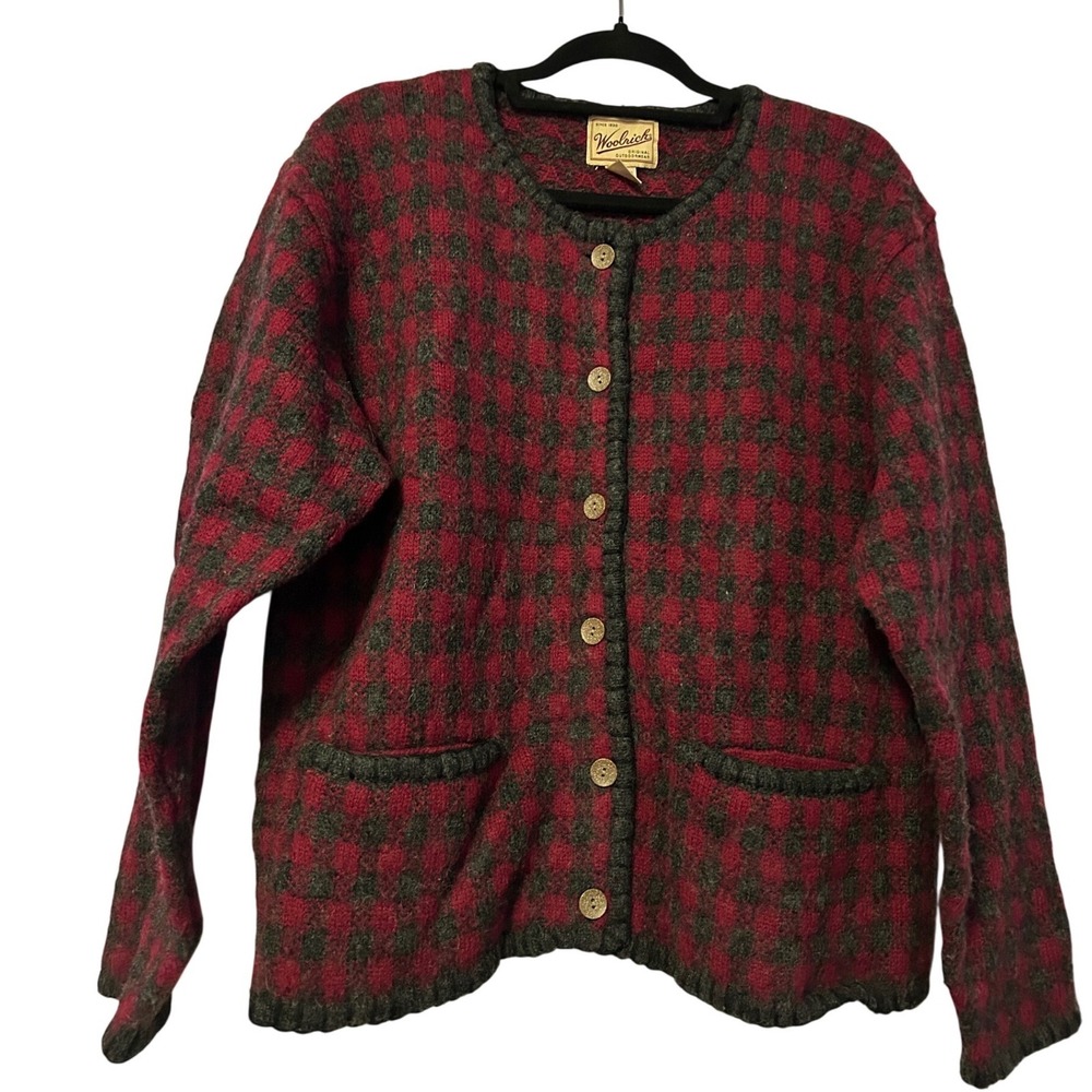 Woolrich Vintage Red Grey Checked Button Front‎ Cardigan Sweater Womens Large